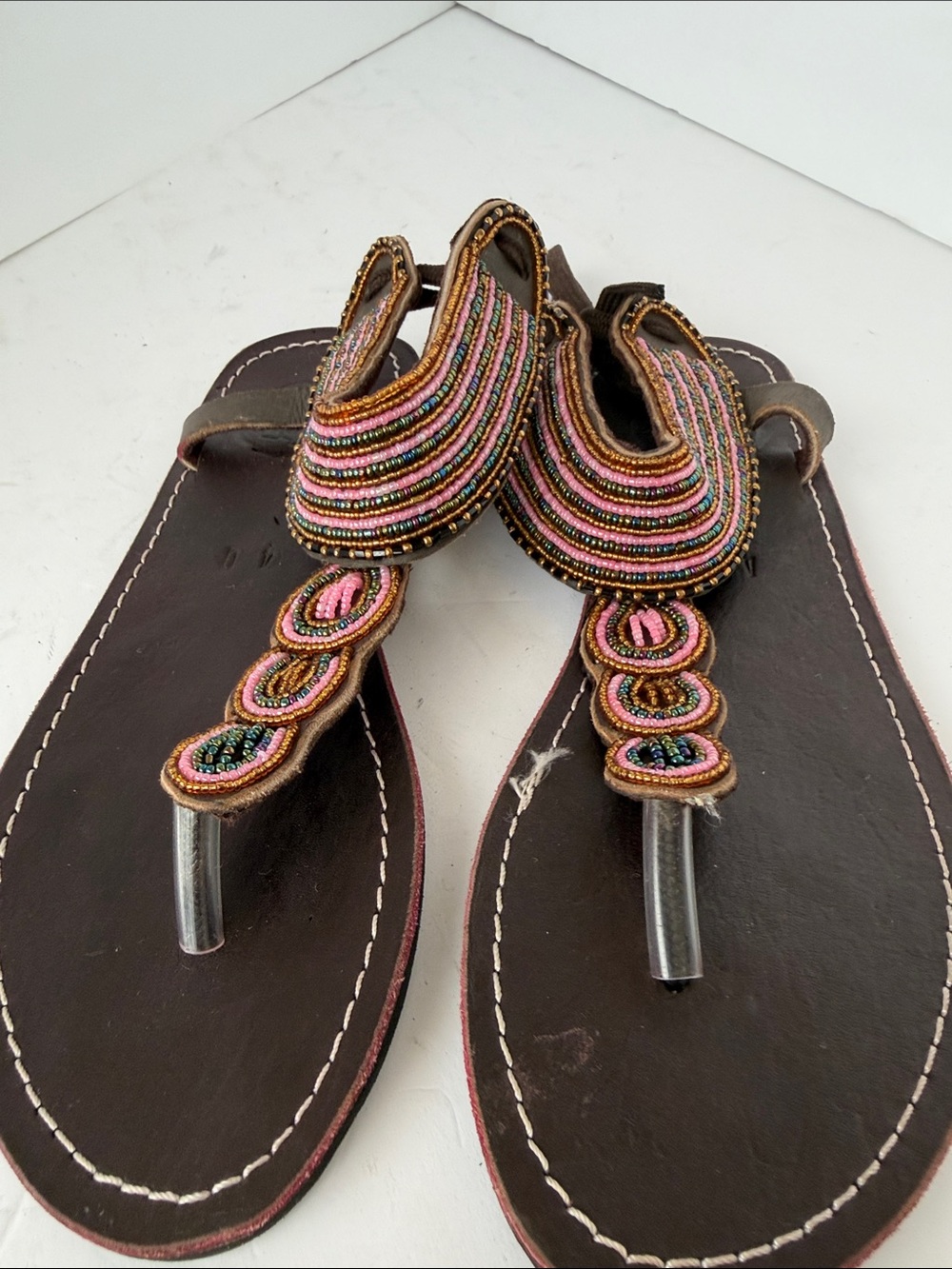 Maasai Original Beaded Brown Leather Thong Sandals - Stylish Ankle Size 40